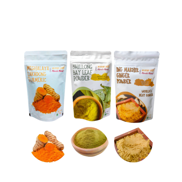 Masala Mundi Set of 3 Spices Sourced From North East (Meghalaya Lakadong Turmeric 100gm+Shillong Bay Leaf Powder 100gm+Ing Makhir Ginger Powder 100gm)