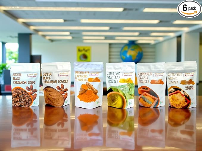 Signature Himalayan Aromas-Premium Spice Box (Black Cardamom Seeds Whole|Cardamom|Lakadong Turmeric|Bay Leaf|Cinnamon|Syingbah Ginger|Powders 50g Each)