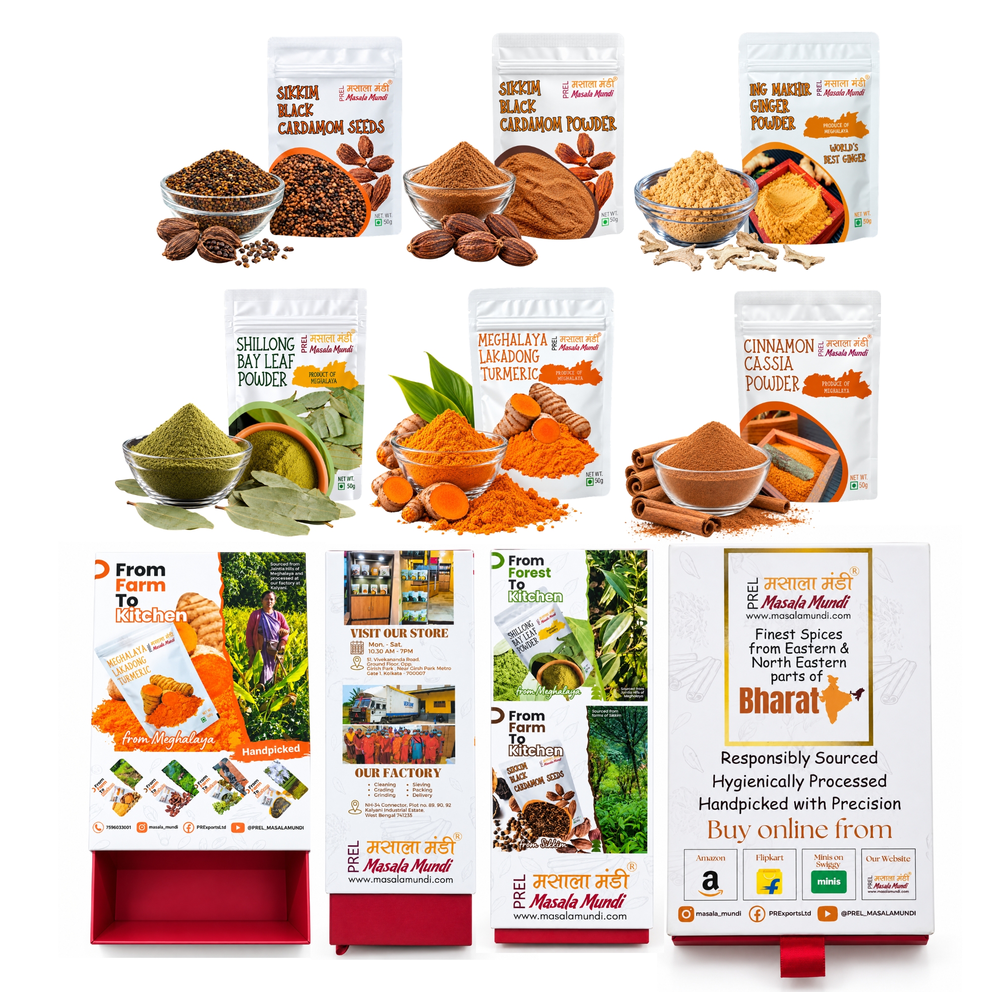 Wellness & Warmth- Premium Spice Gift Box (Black Cardamom Seeds+Cardamom Powder+Ing Makhir Ginger Powder+ Lakadong Turmeric Powder+ Bay Leaf Powder +Cinnamon Powder 50g Each)