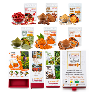 Exotic Heat & Aroma-Premium Spice Gift Box (Bird’s Eye Chilli Whole+ Black Cardamom +Ing Makhir Ginger+Lakadong Turmeric+Bay Leaf +Cinnamon Powders)