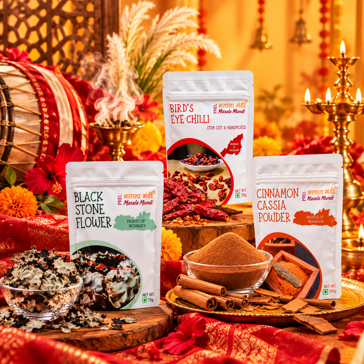 Bird Eye Chilli 20g + Black Stone Flower 15g + Cinnamon 100g - Northeast Gourmet Spice Collection