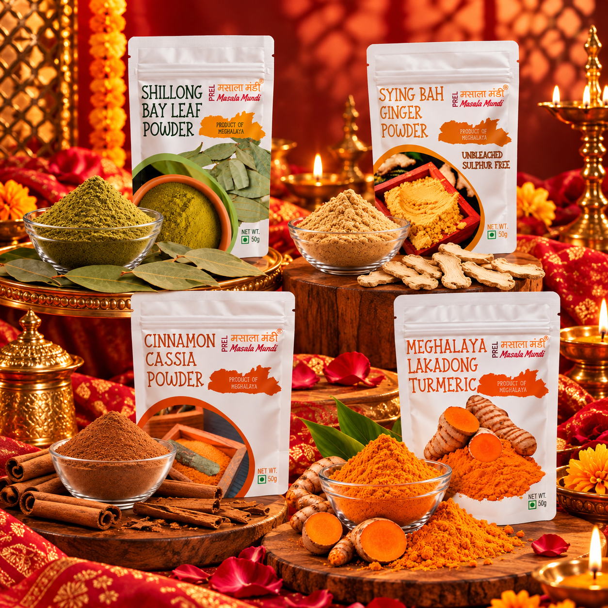 Lakadong, Bay Leaf, Cinnamon & Syingbah Ginger | 50g EachPremium | Northeast Spice Collection – 4 Signature Spices