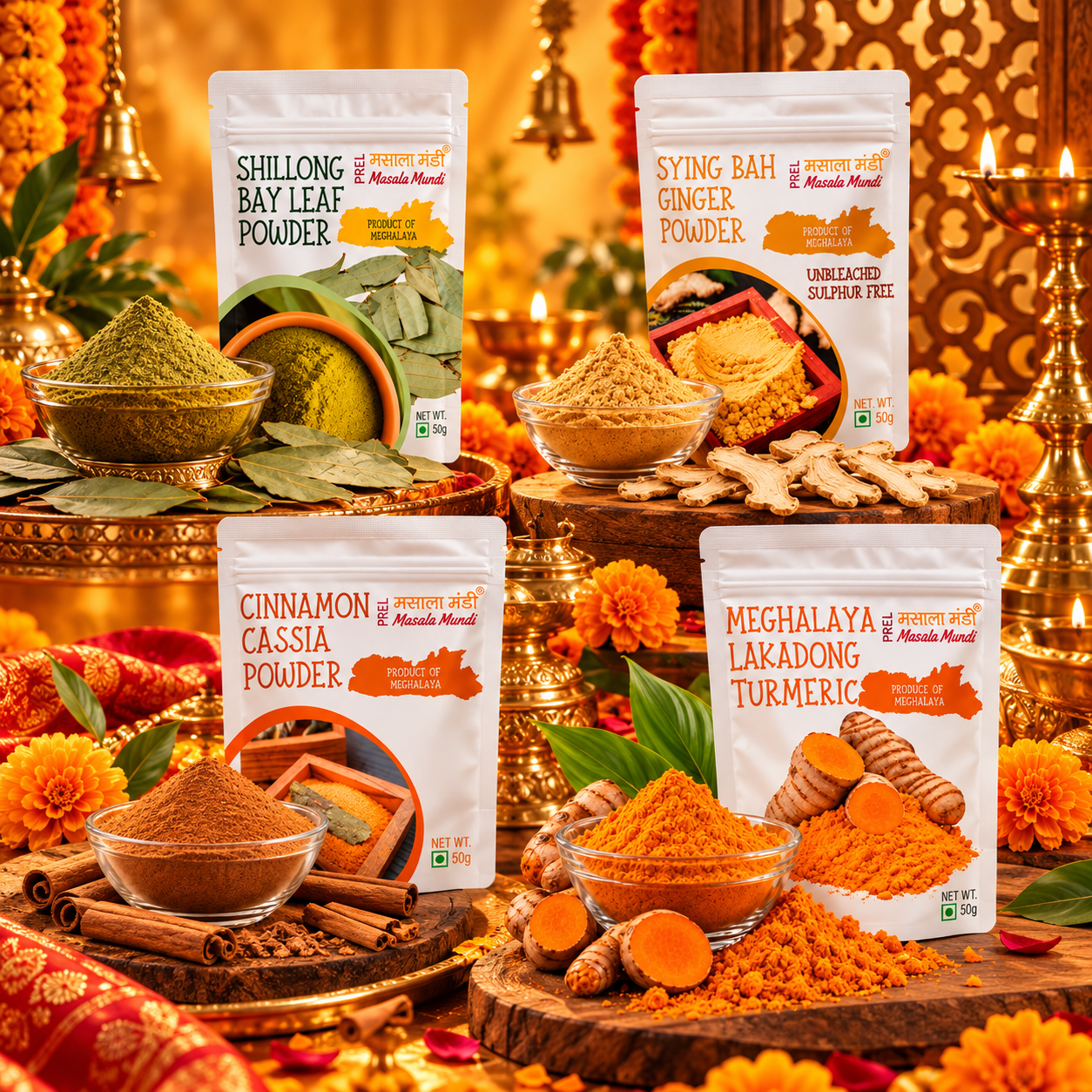 Lakadong, Bay Leaf, Cinnamon & Syingbah Ginger | 50g EachPremium | Northeast Spice Collection β 4 Signature Spices