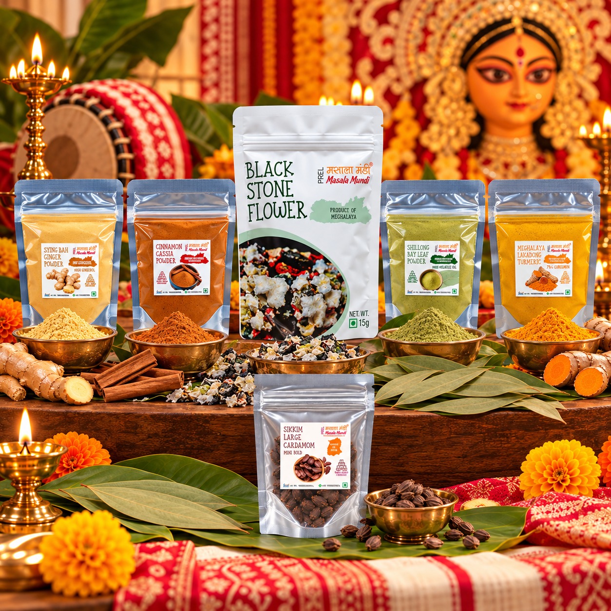 Lakadong Turmeric Powder|Bay Leaf Powder|Cinnamon Powder|Syingbah Ginger Powder (25 g each)|Black Cardamom Mini Bold (25 g)|Stone Flower (15 g)|Northeast Aromatic Spice Collection
